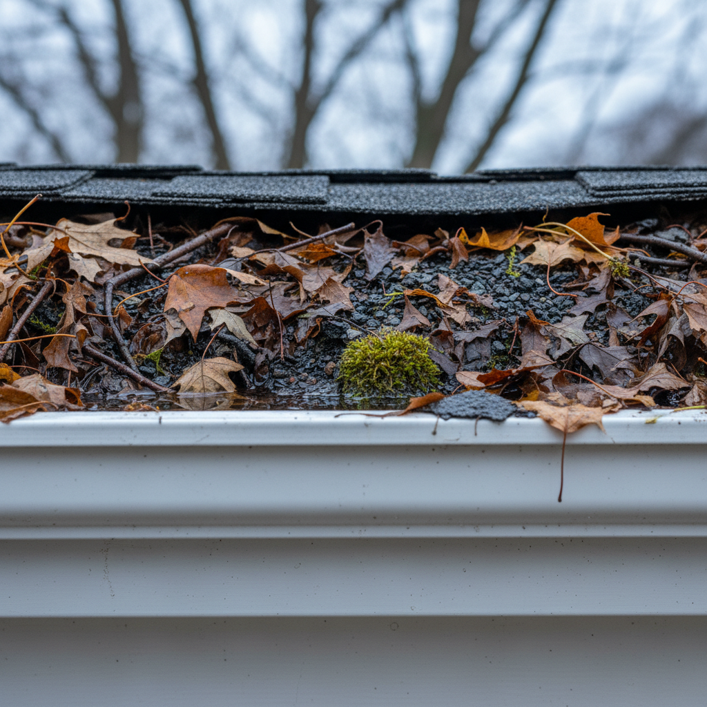 Close-up of a clogged residential gutter packed with wet decomposing leaves and shingle grit in Rockford Illinois