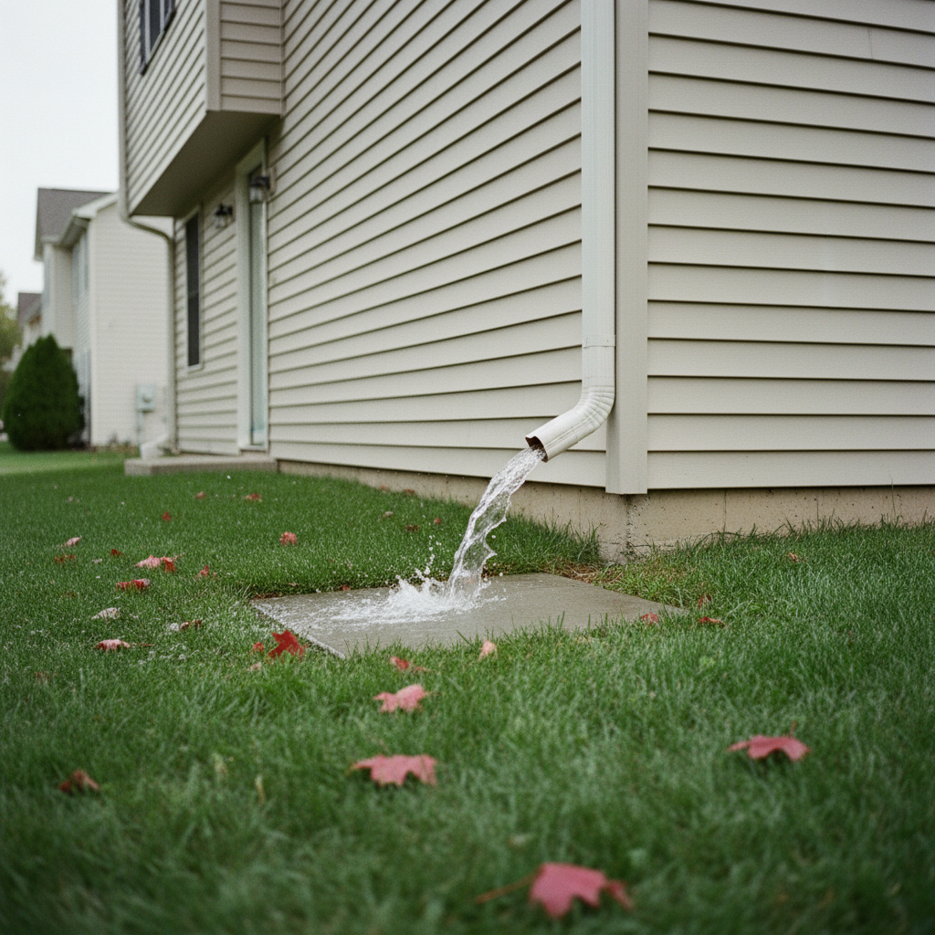 Clean water draining out of a downspout onto a concrete splash block after a Rockford gutter cleaning