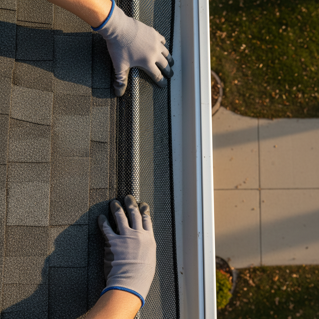 Black micro-mesh stainless steel gutter guard being installed over an aluminum K-style gutter in Rockford IL