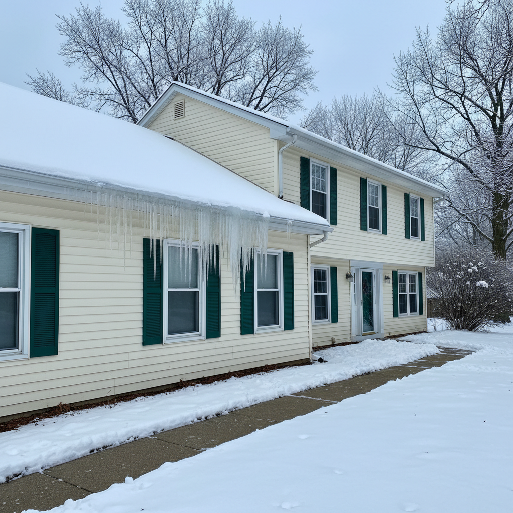 Heavy icicles and an ice dam forming on the gutter of a snow-covered home in winter Rockford Illinois